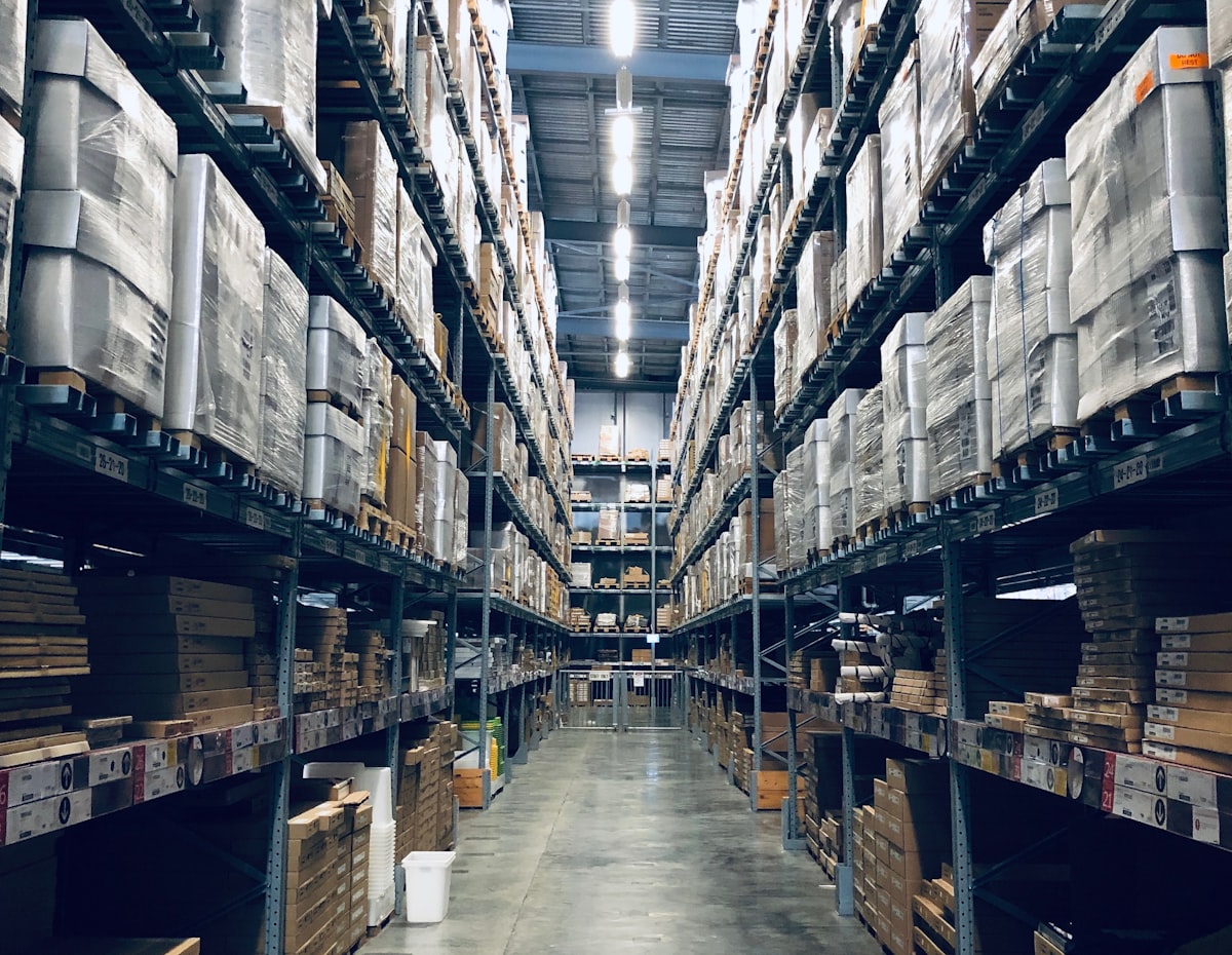 Palletized freight stacked in a distribution warehouse
